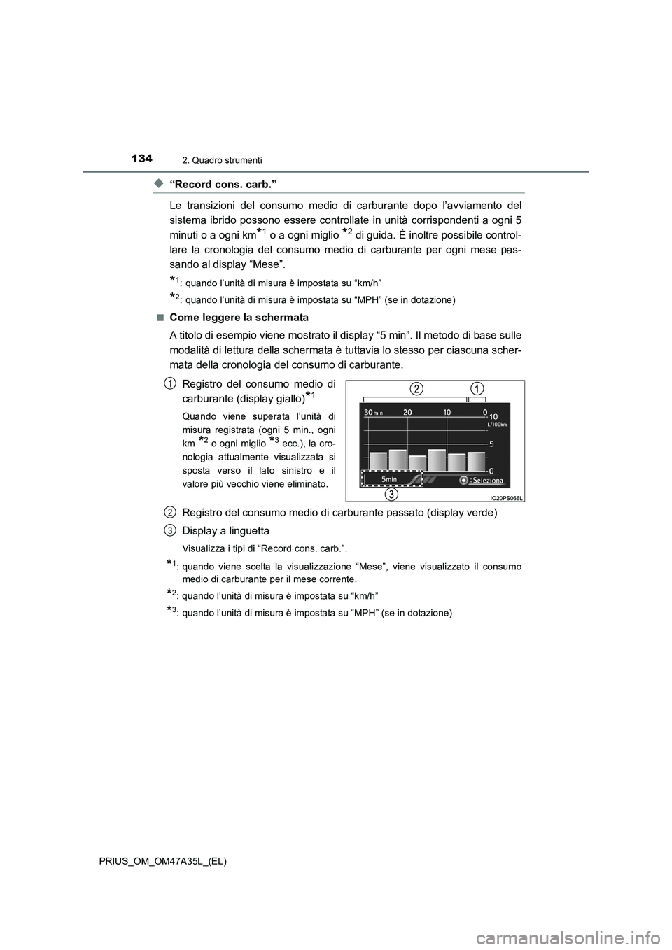TOYOTA PRIUS 2016 Manuale duso (in Italian) 1342. Quadro strumenti
PRIUS_OM_OM47A35L_(EL)
◆“Record cons. carb.”
Le transizioni del consumo medio di carburante dopo l’avviamento del
sistema ibrido possono essere controllate in unità cor TOYOTA PRIUS 2016 Manuale duso (in Italian) 1342. Quadro strumenti
PRIUS_OM_OM47A35L_(EL)
◆“Record cons. carb.”
Le transizioni del consumo medio di carburante dopo l’avviamento del
sistema ibrido possono essere controllate in unità cor