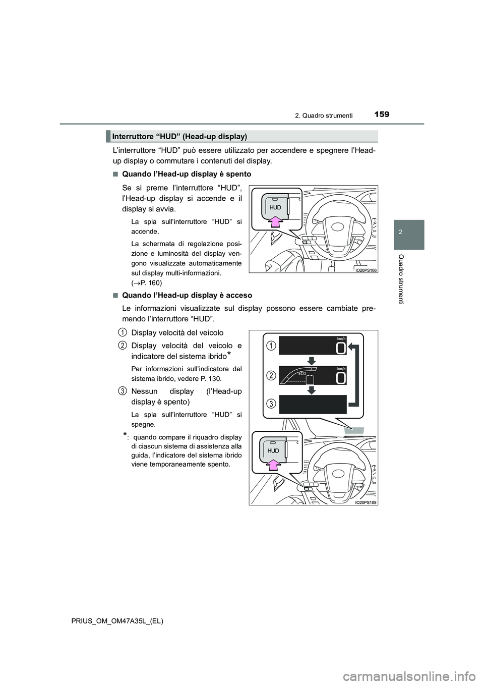 TOYOTA PRIUS 2016 Manuale duso (in Italian) 1592. Quadro strumenti
2
Quadro strumenti
PRIUS_OM_OM47A35L_(EL)
L’interruttore “HUD” può essere utilizzato per accendere e spegnere l’Head-
up display o commutare i contenuti del display.
TOYOTA PRIUS 2016 Manuale duso (in Italian) 1592. Quadro strumenti
2
Quadro strumenti
PRIUS_OM_OM47A35L_(EL)
L’interruttore “HUD” può essere utilizzato per accendere e spegnere l’Head-
up display o commutare i contenuti del display.