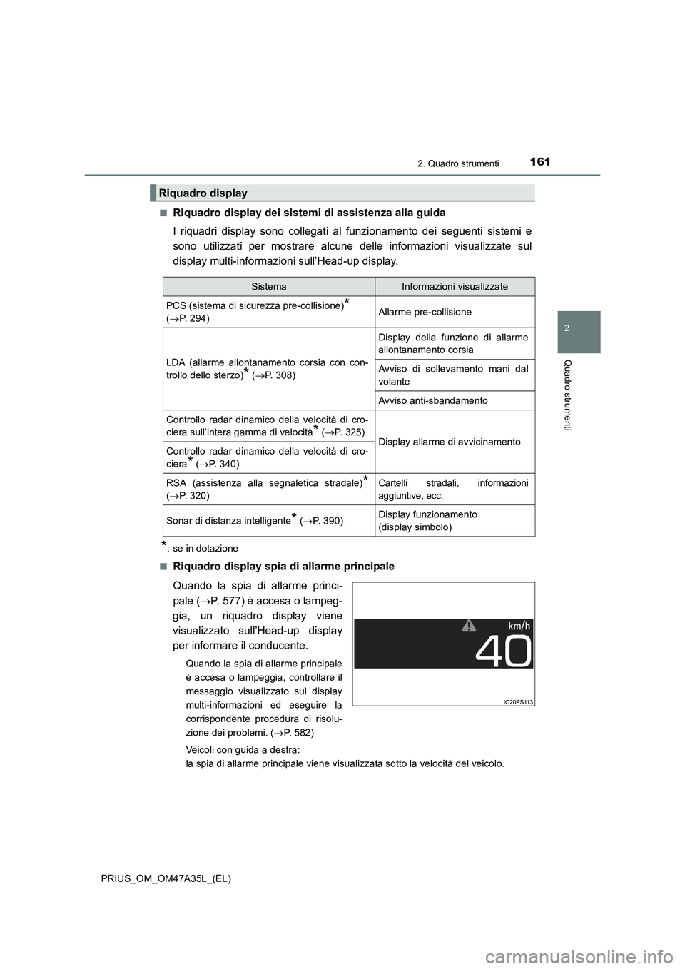 TOYOTA PRIUS 2016 Manuale duso (in Italian) 1612. Quadro strumenti
2
Quadro strumenti
PRIUS_OM_OM47A35L_(EL)■
Riquadro display dei sistemi di assistenza alla guida
I riquadri display sono collegati al funzionamento dei seguenti sistemi e
sono TOYOTA PRIUS 2016 Manuale duso (in Italian) 1612. Quadro strumenti
2
Quadro strumenti
PRIUS_OM_OM47A35L_(EL)■
Riquadro display dei sistemi di assistenza alla guida
I riquadri display sono collegati al funzionamento dei seguenti sistemi e
sono