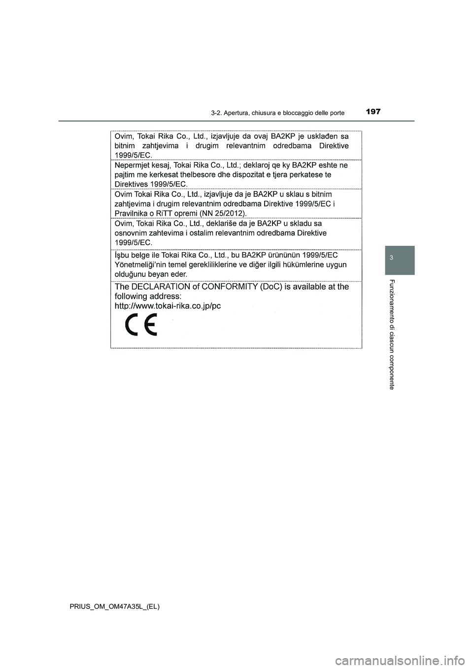 TOYOTA PRIUS 2016  Manuale duso (in Italian) 1973-2. Apertura, chiusura e bloccaggio delle porte
3
Funzionamento di ciascun componente
PRIUS_OM_OM47A35L_(EL) 
