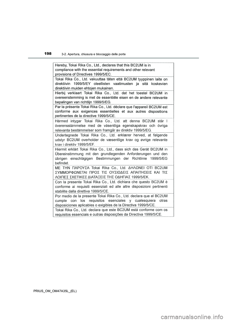 TOYOTA PRIUS 2016  Manuale duso (in Italian) 1983-2. Apertura, chiusura e bloccaggio delle porte
PRIUS_OM_OM47A35L_(EL) 
