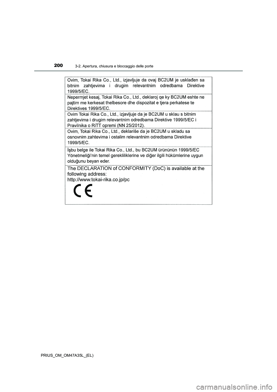 TOYOTA PRIUS 2016  Manuale duso (in Italian) 2003-2. Apertura, chiusura e bloccaggio delle porte
PRIUS_OM_OM47A35L_(EL) 
