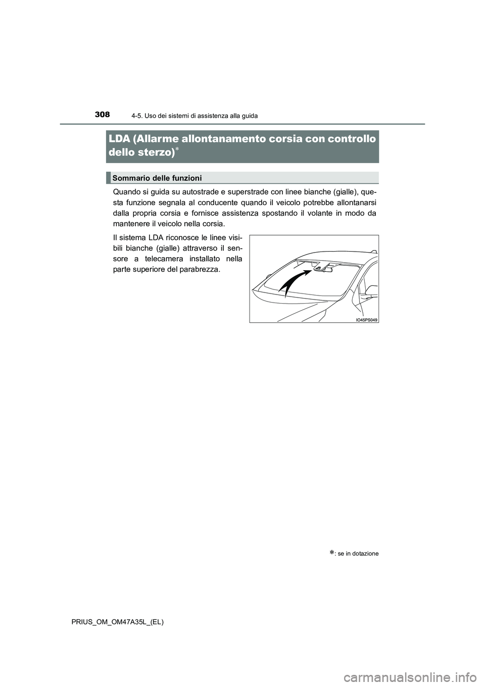 TOYOTA PRIUS 2016  Manuale duso (in Italian) 3084-5. Uso dei sistemi di assistenza alla guida
PRIUS_OM_OM47A35L_(EL)
LDA (Allar me allontanamento corsia con controllo 
dello sterzo)
∗
Quando si guida su autostrade e superstrade con linee bianc