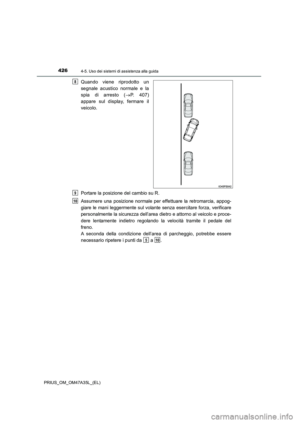 TOYOTA PRIUS 2016  Manuale duso (in Italian) 4264-5. Uso dei sistemi di assistenza alla guida
PRIUS_OM_OM47A35L_(EL)
Quando viene riprodotto un
segnale acustico normale e la
spia di arresto (→P. 407)
appare sul display, fermare il
veicolo.
Por