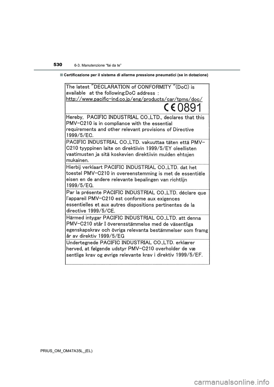 TOYOTA PRIUS 2016  Manuale duso (in Italian) 5306-3. Manutenzione “fai da te”
PRIUS_OM_OM47A35L_(EL)■
Certificazione per il sistema di allarme pressione pneumatici (se in dotazione) 