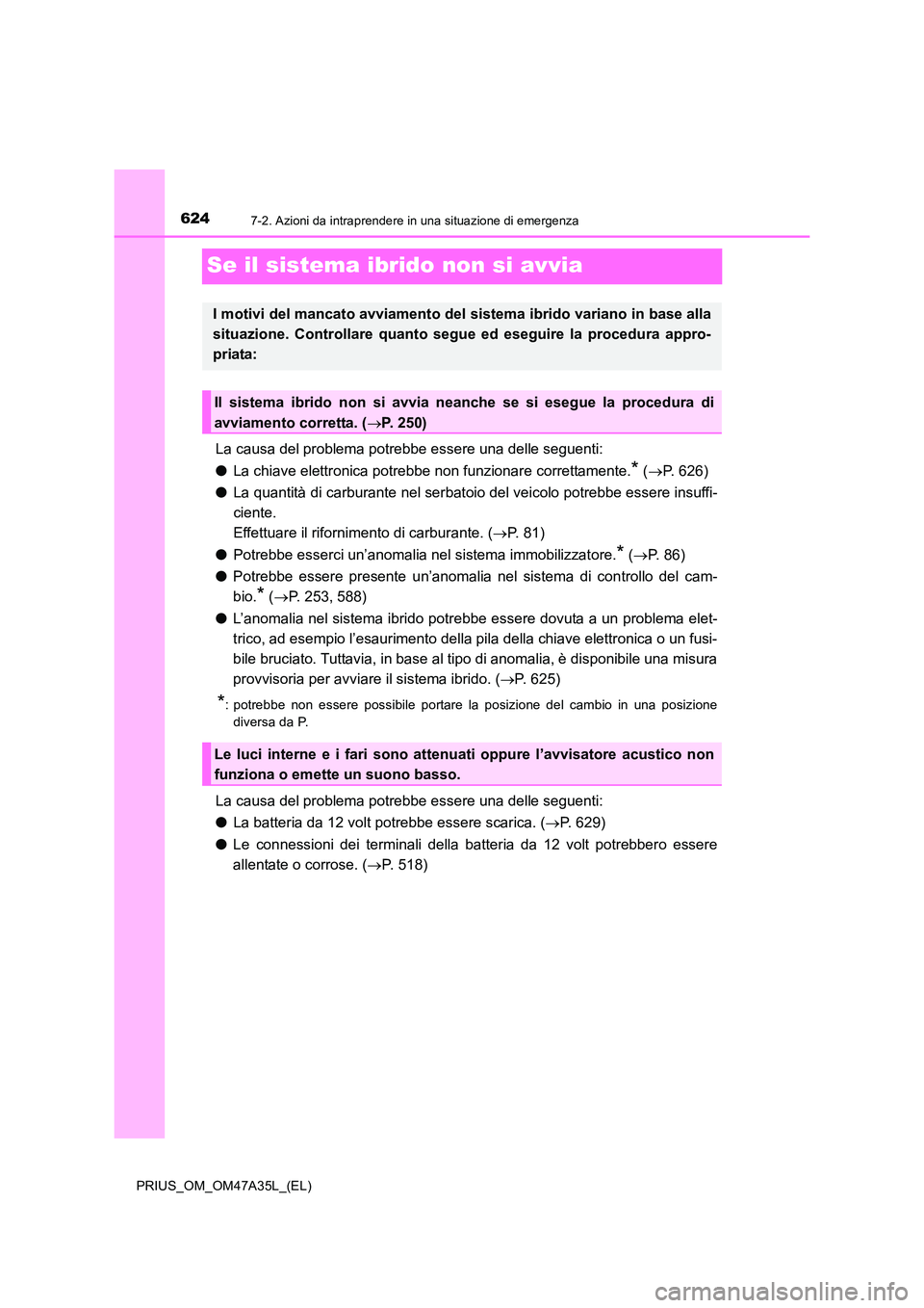 TOYOTA PRIUS 2016 Manuale duso (in Italian) 6247-2. Azioni da intraprendere in una situazione di emergenza
PRIUS_OM_OM47A35L_(EL)
Se il sistema ibrido non si avvia
La causa del problema potrebbe essere una delle seguenti:
●La chiave elettroni TOYOTA PRIUS 2016 Manuale duso (in Italian) 6247-2. Azioni da intraprendere in una situazione di emergenza
PRIUS_OM_OM47A35L_(EL)
Se il sistema ibrido non si avvia
La causa del problema potrebbe essere una delle seguenti:
●La chiave elettroni