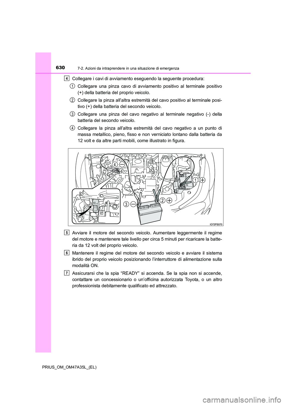 TOYOTA PRIUS 2016 Manuale duso (in Italian) 6307-2. Azioni da intraprendere in una situazione di emergenza
PRIUS_OM_OM47A35L_(EL)
Collegare i cavi di avviamento eseguendo la seguente procedura:Collegare una pinza cavo di avviamento positivo al TOYOTA PRIUS 2016 Manuale duso (in Italian) 6307-2. Azioni da intraprendere in una situazione di emergenza
PRIUS_OM_OM47A35L_(EL)
Collegare i cavi di avviamento eseguendo la seguente procedura:Collegare una pinza cavo di avviamento positivo al