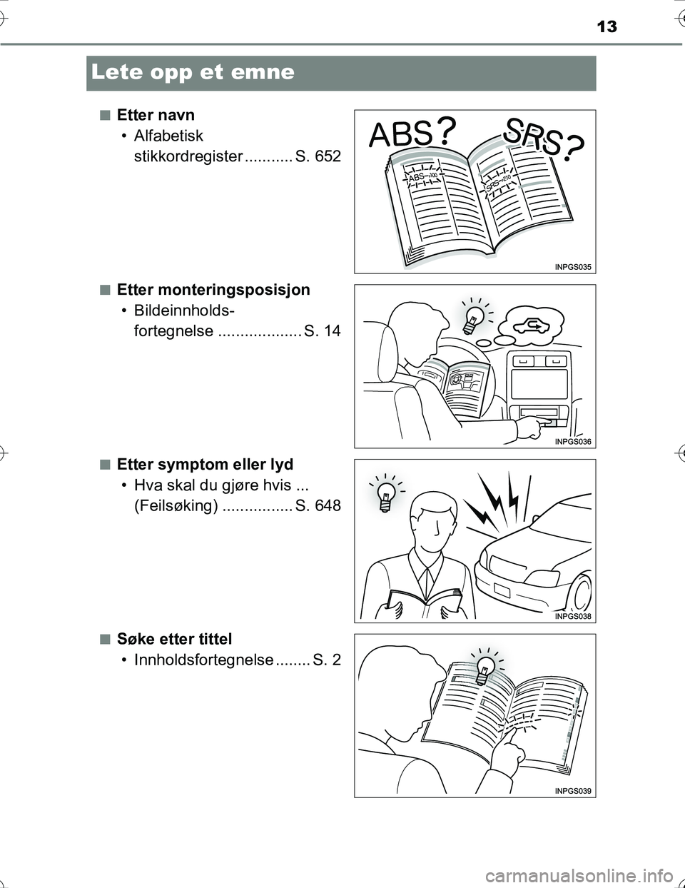 TOYOTA PRIUS 2016  Instruksjoner for bruk (in Norwegian) 13
OM47A31NO
Lete opp et emne
nEtter navn• Alfabetisk stikkordregister ........... S. 652
nEtter monteringsposisjon• Bildeinnholds- fortegnelse ................... S. 14
nEtter symptom eller lyd