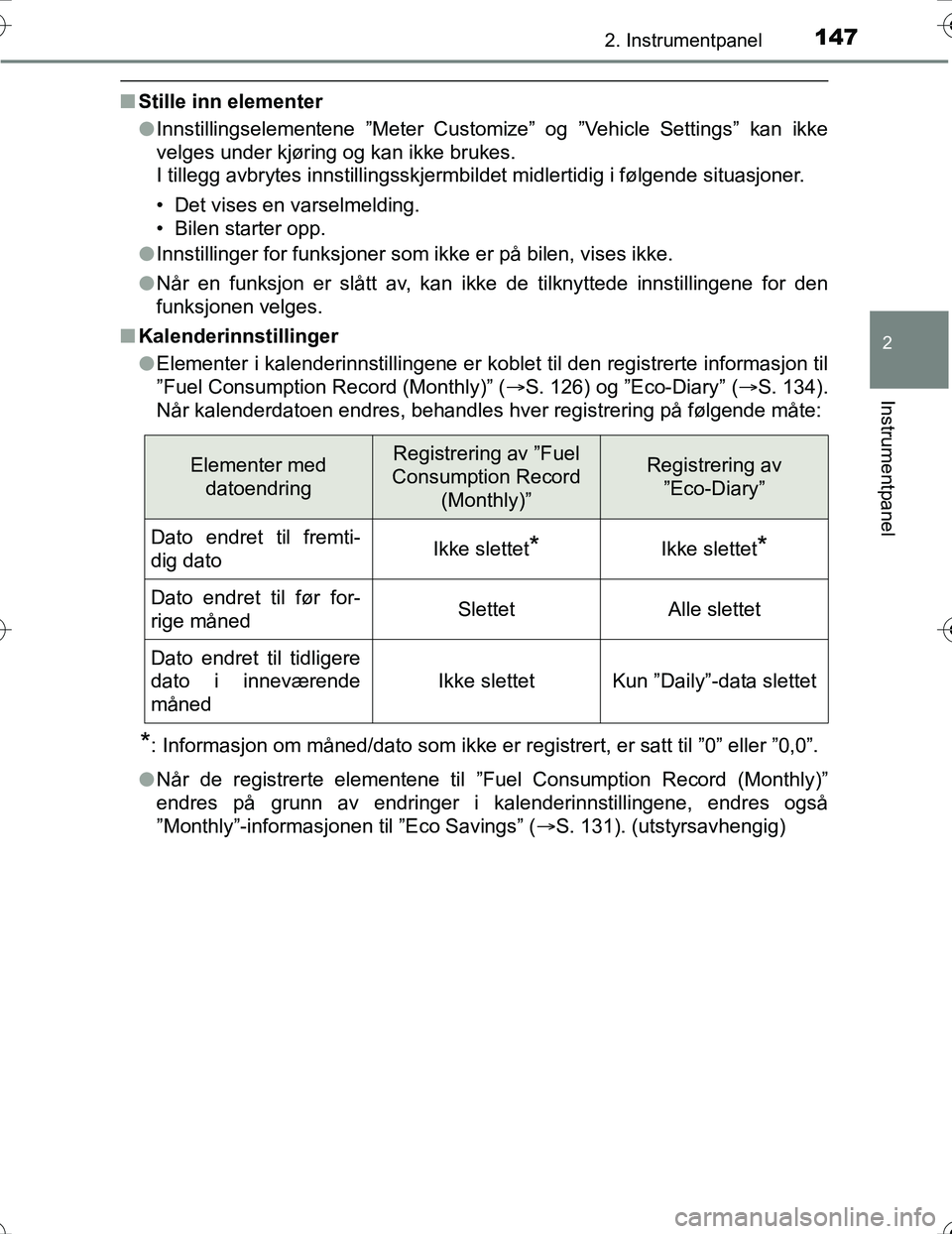 TOYOTA PRIUS 2016  Instruksjoner for bruk (in Norwegian) 1472. Instrumentpanel
2
Instrumentpanel
OM47A31NO
nStille inn elementer
lInnstillingselementene ”Meter Customize” og ”Vehicle Settings” kan ikke
velges under kjøring og kan ikke brukes. 
I ti