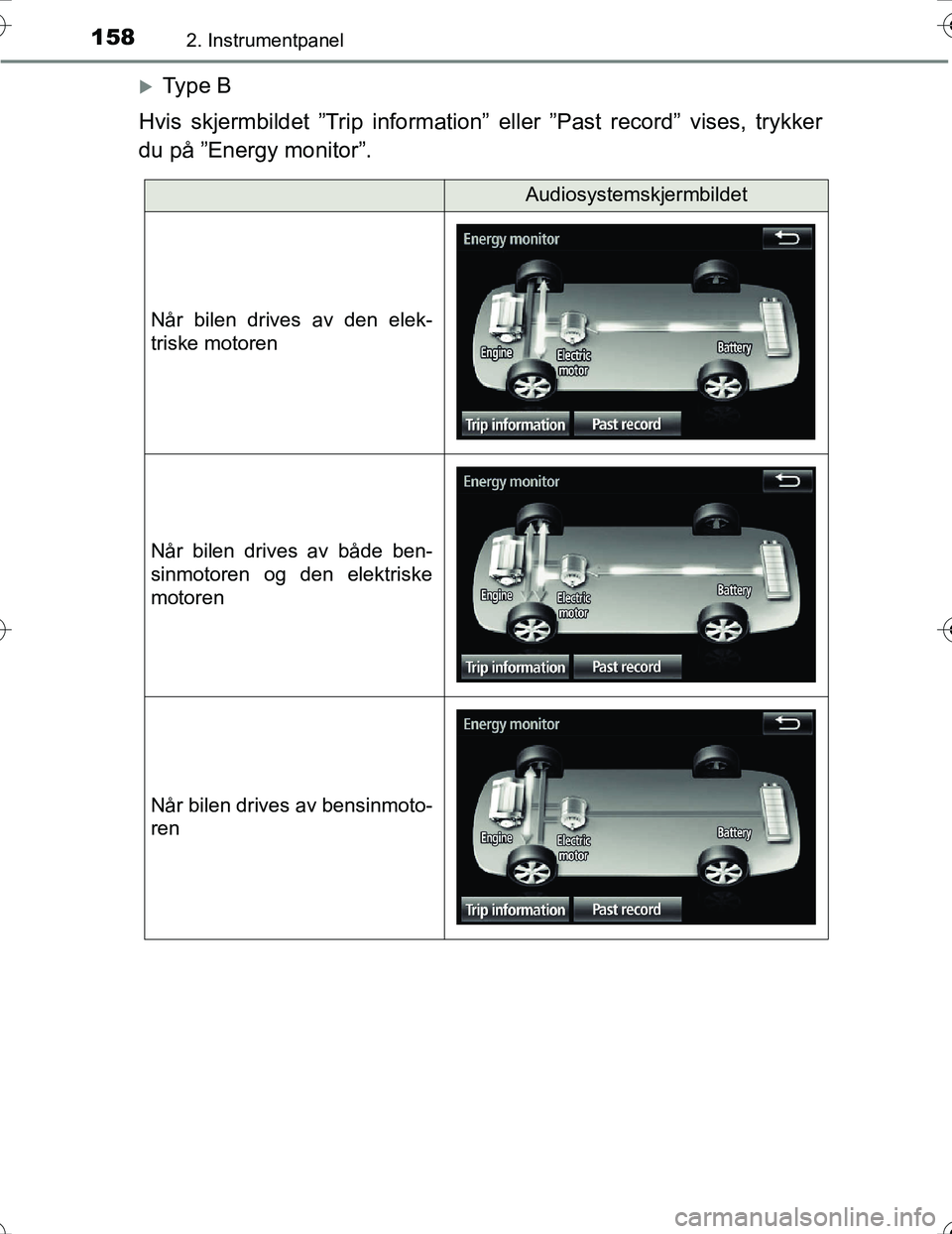 TOYOTA PRIUS 2016  Instruksjoner for bruk (in Norwegian) 1582. Instrumentpanel
OM47A31NO
Ty p e  B
Hvis skjermbildet ”Trip  information” eller ”Past record” vises, trykker
du på ”Energy monitor”.
Audiosystemskjermbildet
Når bilen drives av 