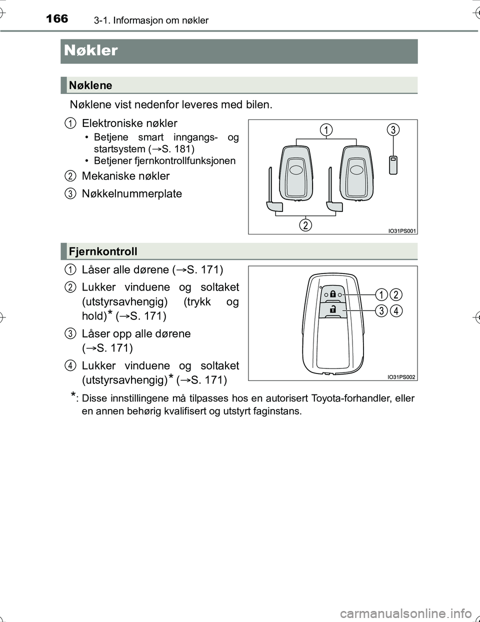 TOYOTA PRIUS 2016  Instruksjoner for bruk (in Norwegian) 1663-1. Informasjon om nøkler
OM47A31NO
Nøkler
Nøklene vist nedenfor leveres med bilen.Elektroniske nøkler
• Betjene smart inngangs- ogstartsystem ( S. 181)
• Betjener fjernkontrollfunksjon