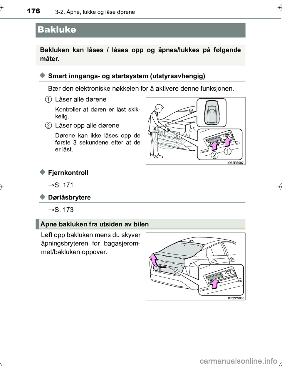 TOYOTA PRIUS 2016  Instruksjoner for bruk (in Norwegian) 1763-2. Åpne, lukke og låse dørene
OM47A31NO
Bakluke
uSmart inngangs- og startsystem (utstyrsavhengig)
Bær den elektroniske nøkkelen for å aktivere denne funksjonen.Låser alle dørene
Kontrolle