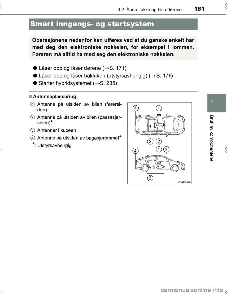 TOYOTA PRIUS 2016  Instruksjoner for bruk (in Norwegian) 181
3
3-2. Åpne, lukke og låse dørene
Bruk av komponentene
OM47A31NO
Smart inngangs- og star tsystem
lLåser opp og låser dørene ( S. 171)
l Låser opp og låser bakluken (utstyrsavhengig) ( 