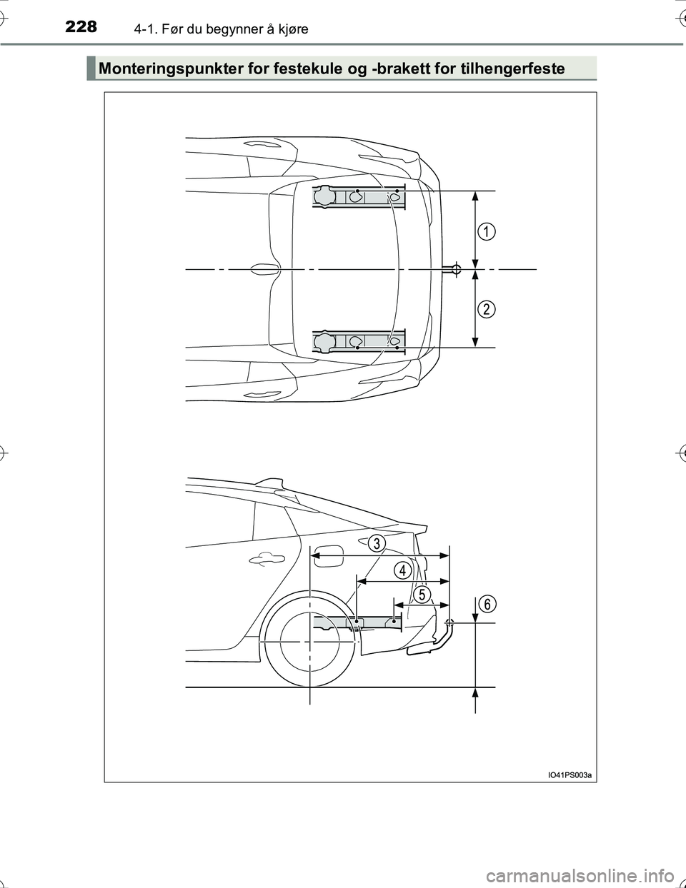 TOYOTA PRIUS 2016  Instruksjoner for bruk (in Norwegian) 2284-1. Før du begynner å kjøre
OM47A31NO
Monteringspunkter for festekule og -brakett for tilhengerfeste
OM47A31NO.book  Page 228  Friday, April 8, 2016  10:00 AM 