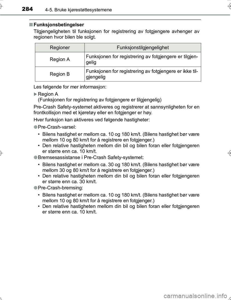 TOYOTA PRIUS 2016  Instruksjoner for bruk (in Norwegian) 2844-5. Bruke kjørestøttesystemene
OM47A31NO
nFunksjonsbetingelser
Tilgjengeligheten til funksjonen for registrering av fotgjengere avhenger av
regionen hvor bilen ble solgt.
Les følgende for mer i