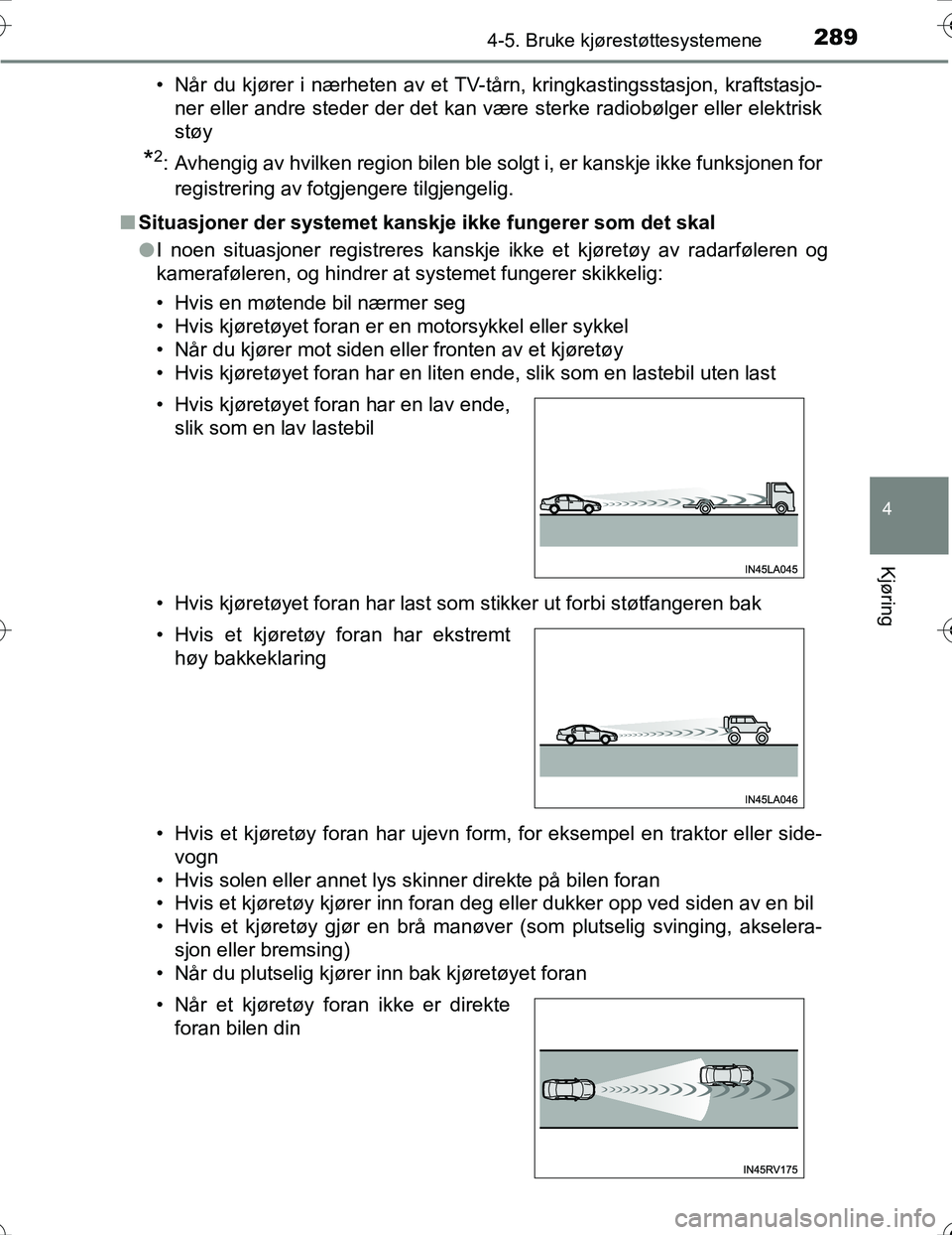 TOYOTA PRIUS 2016  Instruksjoner for bruk (in Norwegian) 2894-5. Bruke kjørestøttesystemene
4
Kjøring
OM47A31NO• Når du kjører i nærheten av et TV-tårn, kringkastingsstasjon, kraftstasjo-
ner eller andre steder der det kan være sterke radiobølger