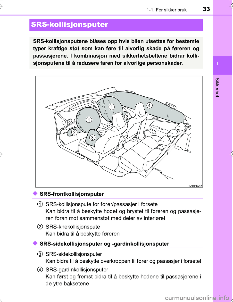TOYOTA PRIUS 2016  Instruksjoner for bruk (in Norwegian) 331-1. For sikker bruk
1
Sikkerhet
OM47A31NO
SRS-kollisjonsputer
uSRS-frontkollisjonsputerSRS-kollisjonspute for føre r/passasjer i forsete
Kan bidra til å beskytte hodet og brystet til føreren og 