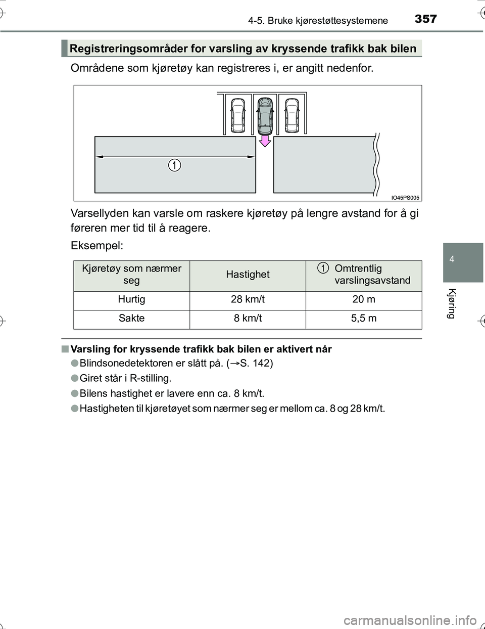 TOYOTA PRIUS 2016  Instruksjoner for bruk (in Norwegian) 3574-5. Bruke kjørestøttesystemene
4
Kjøring
OM47A31NO
Områdene som kjøretøy kan registreres i, er angitt nedenfor.
Varsellyden kan varsle om raskere kjøretøy på lengre avstand for å gi
før