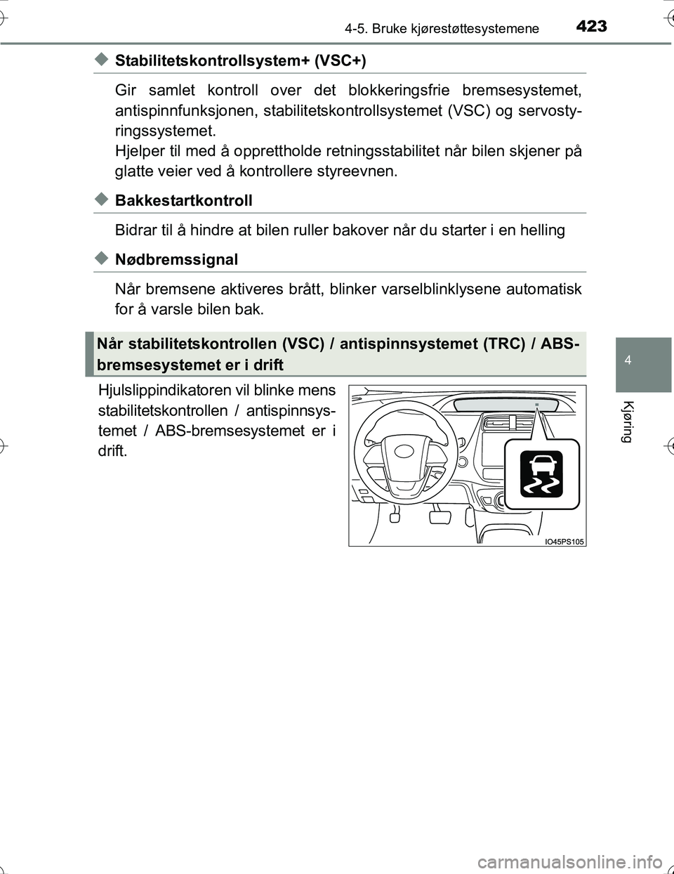 TOYOTA PRIUS 2016  Instruksjoner for bruk (in Norwegian) 4234-5. Bruke kjørestøttesystemene
4
Kjøring
OM47A31NO
uStabilitetskontrollsystem+ (VSC+)
Gir samlet kontroll over det blokkeringsfrie bremsesystemet,
antispinnfunksjonen, stabilitetskon trollsyste