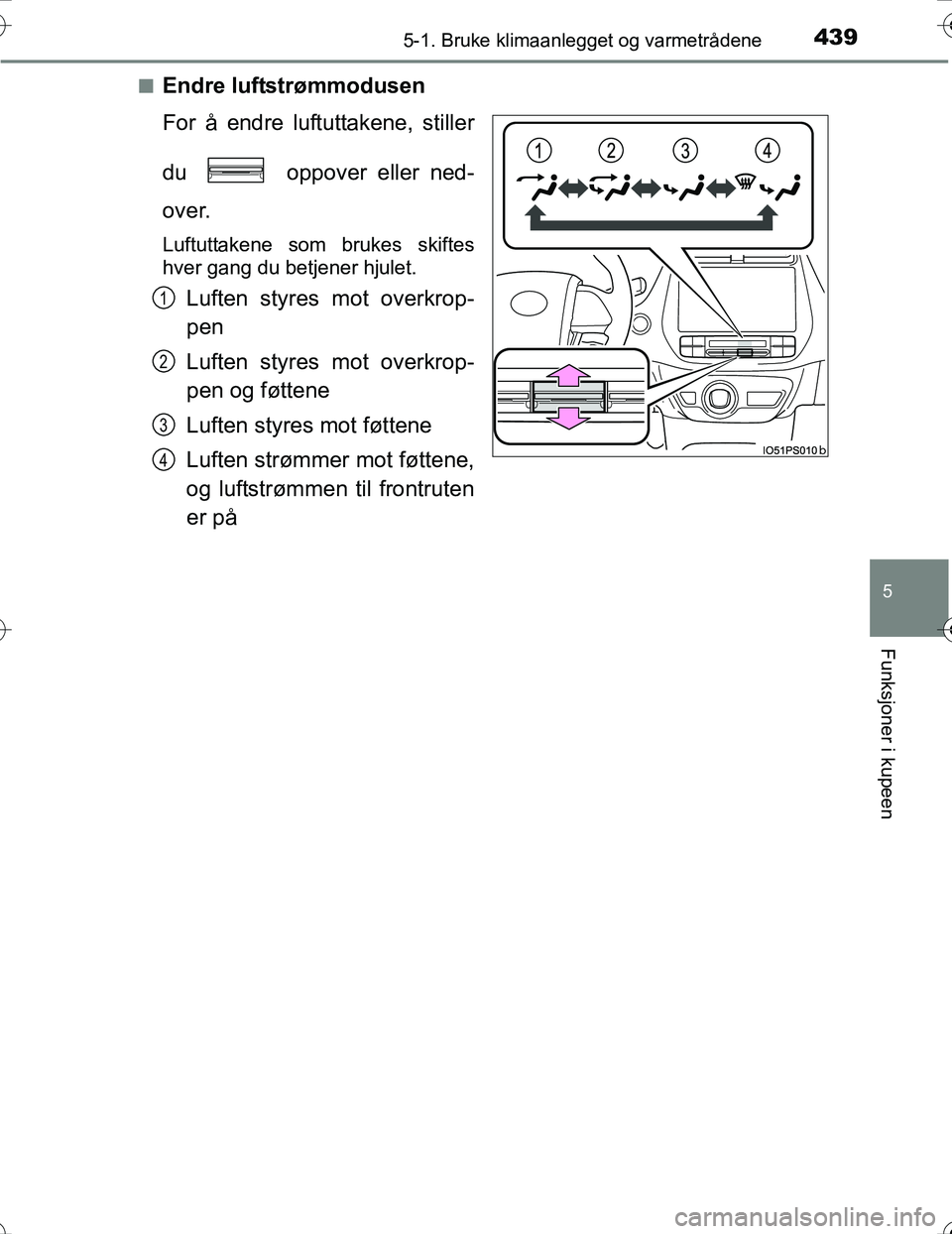TOYOTA PRIUS 2016  Instruksjoner for bruk (in Norwegian) 4395-1. Bruke klimaanlegget og varmetrådene
OM47A31NO
5
Funksjoner i kupeen
nEndre luftstrømmodusen
For å endre luftuttakene, stiller
du   oppover eller ned-
over.
Luftuttakene som brukes skiftes
h
