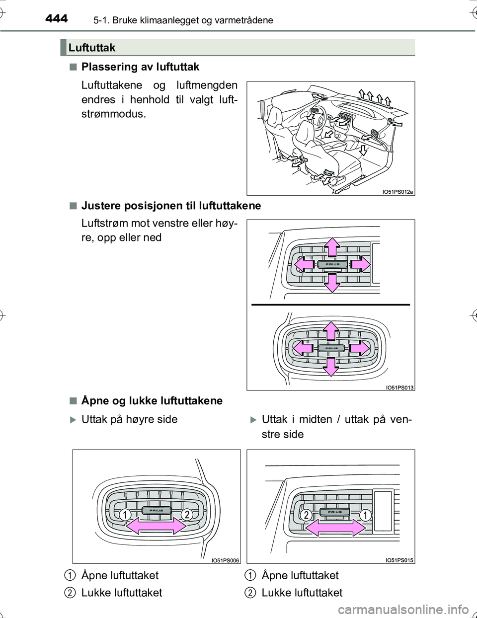 TOYOTA PRIUS 2016  Instruksjoner for bruk (in Norwegian) 4445-1. Bruke klimaanlegget og varmetrådene
OM47A31NOn
Plassering av luftuttak
Luftuttakene og luftmengden
endres i henhold til valgt luft-
strømmodus.
nJustere posisjonen til luftuttakene
Luftstrø