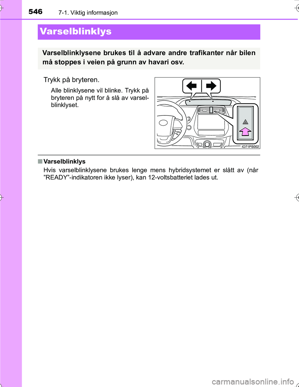 TOYOTA PRIUS 2016  Instruksjoner for bruk (in Norwegian) 5467-1. Viktig informasjon
OM47A31NO
Varselblinklys
Trykk på bryteren.
Alle blinklysene vil blinke. Trykk på
bryteren på nytt for å slå av varsel-
blinklyset.
nVarselblinklys
Hvis varselblinklyse
