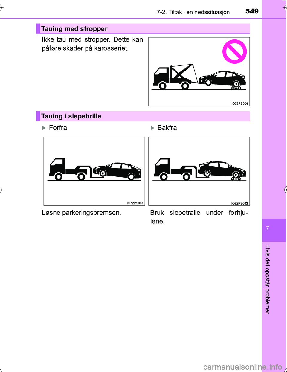 TOYOTA PRIUS 2016  Instruksjoner for bruk (in Norwegian) 5497-2. Tiltak i en nødssituasjon
OM47A31NO
7
Hvis det oppstår problemer
Ikke tau med stropper. Dette kan
påføre skader på karosseriet.
Tauing med stropper
Tauing i slepebrille
ForfraBakfra