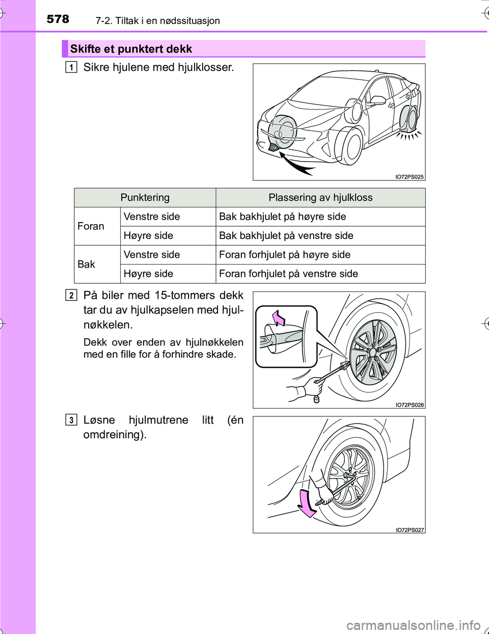 TOYOTA PRIUS 2016  Instruksjoner for bruk (in Norwegian) 5787-2. Tiltak i en nødssituasjon
OM47A31NO
Sikre hjulene med hjulklosser.
På biler med 15-tommers dekk
tar du av hjulkapselen med hjul-
nøkkelen.
Dekk over enden av hjulnøkkelen
med en fille for 