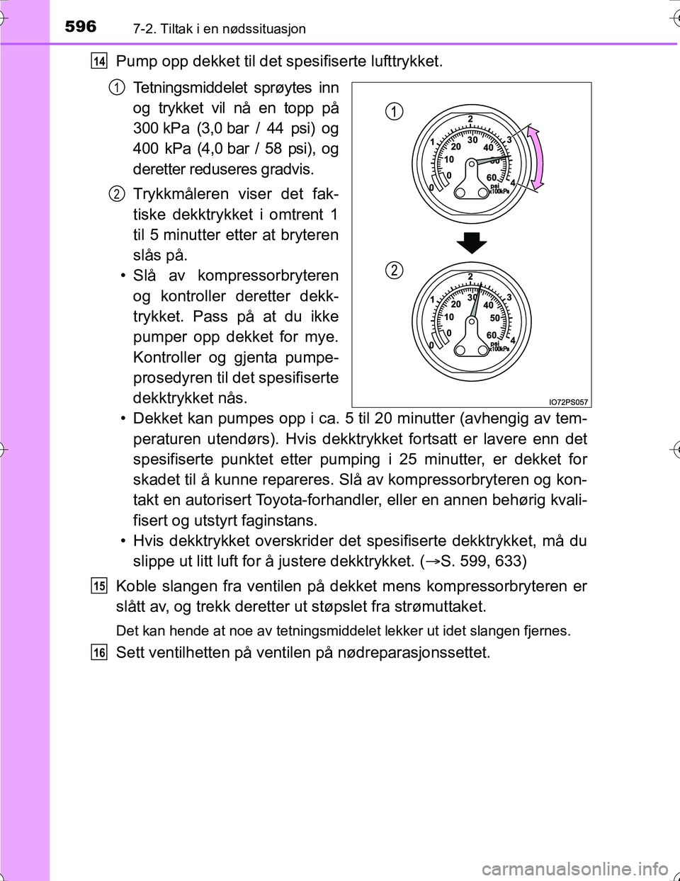 TOYOTA PRIUS 2016  Instruksjoner for bruk (in Norwegian) 5967-2. Tiltak i en nødssituasjon
OM47A31NO
Pump opp dekket til det spesifiserte lufttrykket.
Tetningsmiddelet sprøytes inn
og trykket vil nå en topp på
300 kPa (3,0 bar / 44 psi) og
400 kPa (4,0 