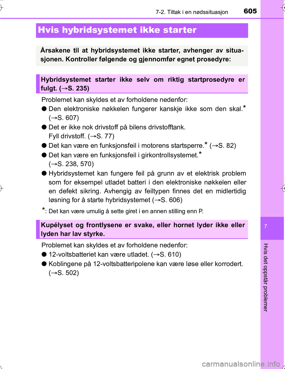 TOYOTA PRIUS 2016  Instruksjoner for bruk (in Norwegian) 6057-2. Tiltak i en nødssituasjon
OM47A31NO
7
Hvis det oppstår problemer
Hvis hybridsystemet ikke starter
Problemet kan skyldes et av forholdene nedenfor:
lDen elektroniske nøkkelen fungerer kanskj