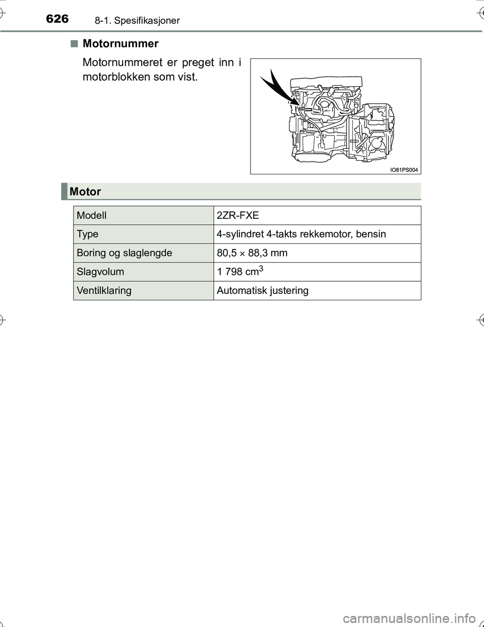 TOYOTA PRIUS 2016  Instruksjoner for bruk (in Norwegian) 6268-1. Spesifikasjoner
OM47A31NOn
Motornummer
Motornummeret er preget inn i
motorblokken som vist.
Motor
Modell2ZR-FXE
Ty p e4-sylindret 4-takts rekkemotor, bensin
Boring og slaglengde80,5 
 88,3 