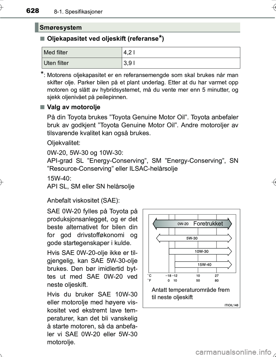 TOYOTA PRIUS 2016  Instruksjoner for bruk (in Norwegian) 6288-1. Spesifikasjoner
OM47A31NOn
Oljekapasitet ved oljeskift (referanse*)
*: Motorens oljekapasitet er en referansemengde som skal brukes når man
skifter olje. Parker bilen på et plant underlag. E