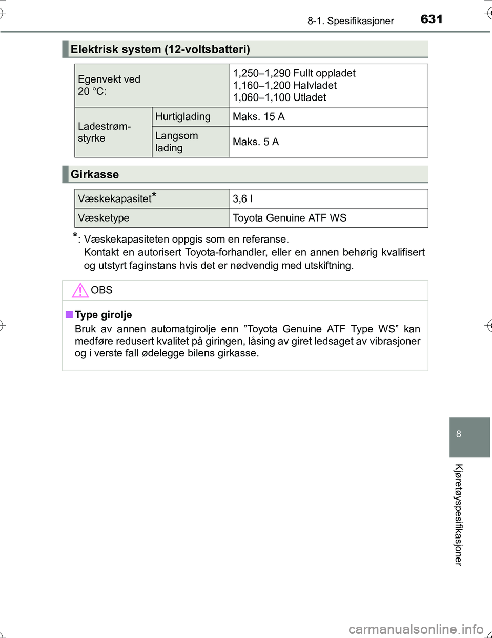 TOYOTA PRIUS 2016  Instruksjoner for bruk (in Norwegian) 6318-1. Spesifikasjoner
OM47A31NO
8
Kjøretøyspesifikasjoner
*: Væskekapasiteten oppgis som en referanse.Kontakt en autorisert Toyota-forhandler, eller en annen behørig kvalifisert
og utstyrt fagin