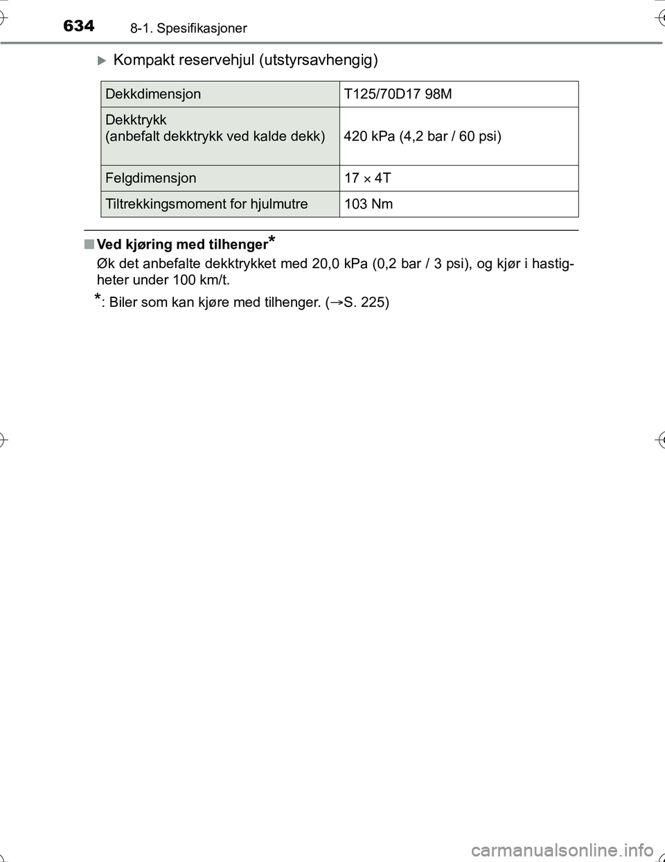 TOYOTA PRIUS 2016  Instruksjoner for bruk (in Norwegian) 6348-1. Spesifikasjoner
OM47A31NO
Kompakt reservehjul (utstyrsavhengig)
nVed kjøring med tilhenger*
Øk det anbefalte dekktrykket med 20,0 kPa (0,2 bar / 3 psi), og kjør i hastig-
heter under 100