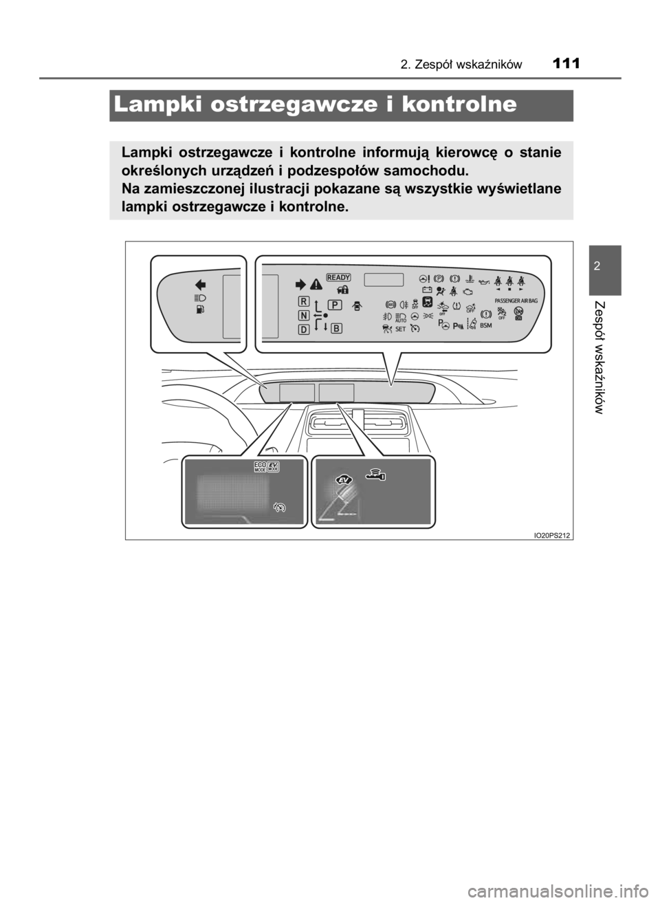 TOYOTA PRIUS 2016  Instrukcja obsługi (in Polish) 2. Zespó∏ wskaêników111
2
Zespó∏ wskaêników
Lampki ostrzegawcze i kontrolne
Lampki  ostrzegawcze  i kontrolne  informujà  kierowc´  o stanie
okreÊlonych urzàdzeƒ i podzespo∏ów samoch