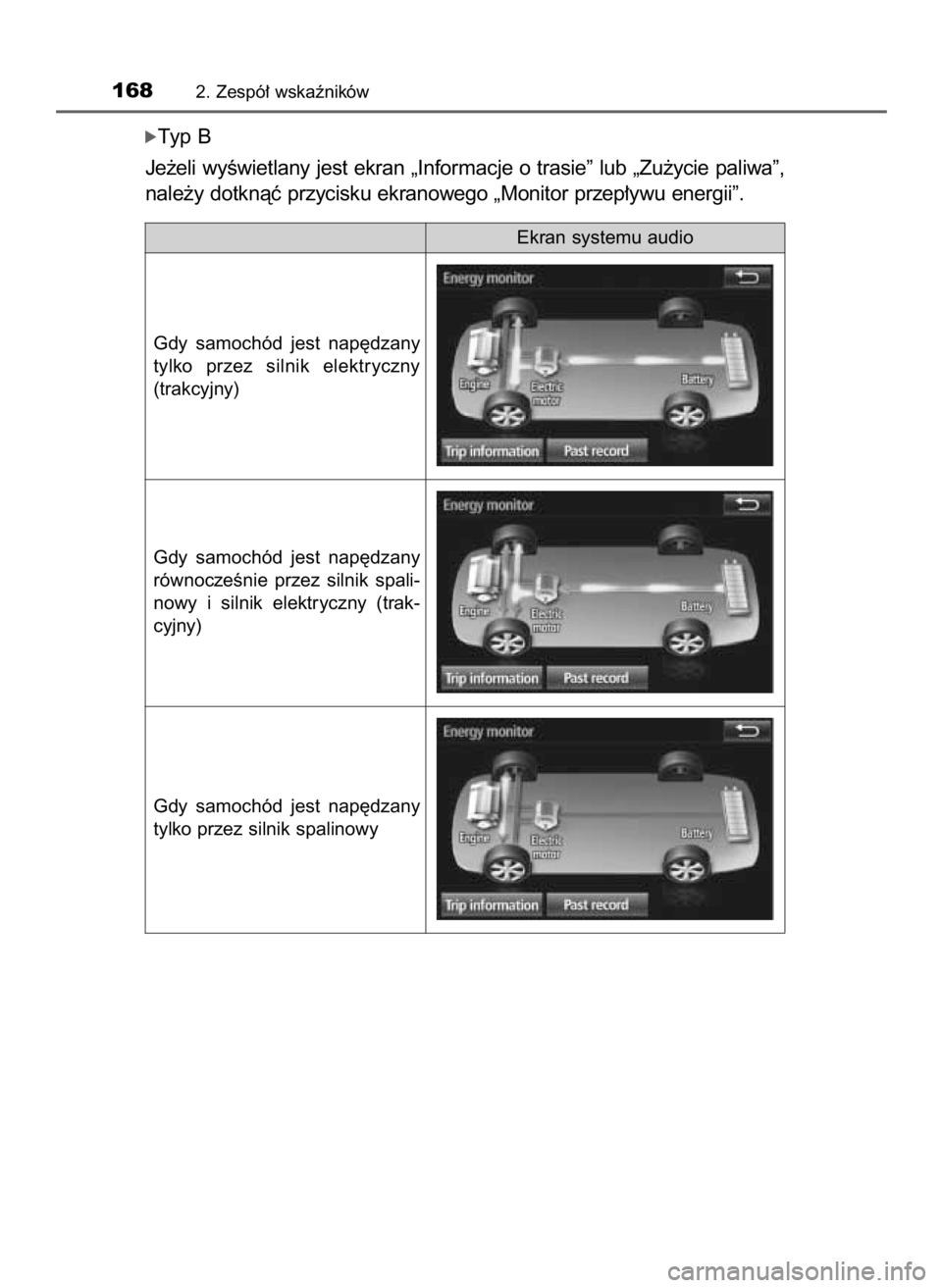 TOYOTA PRIUS 2016  Instrukcja obsługi (in Polish) óTyp B
Je˝eli wyÊwietlany jest ekran „Informacje o trasie” lub „Zu˝ycie paliwa”,
nale˝y dotknàç przycisku ekranowego „Monitor przep∏ywu energii”.
1682. Zespó∏ wskaêników
Ekra