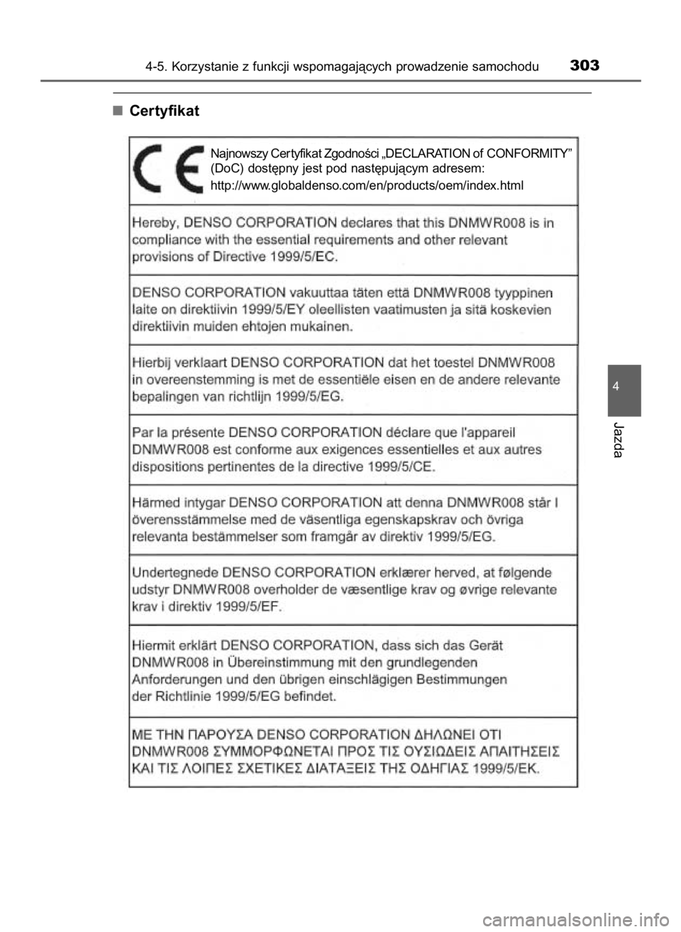 TOYOTA PRIUS 2016  Instrukcja obsługi (in Polish) Certyfikat
4-5. Korzystanie z funkcji wspomagajàcych prowadzenie samochodu303
4
Jazda
Najnowszy Cer tyfikat ZgodnoÊci „DECLARATION of CONFORMITY”
(DoC) dost´pny jest pod nast´pujàcym adresem: