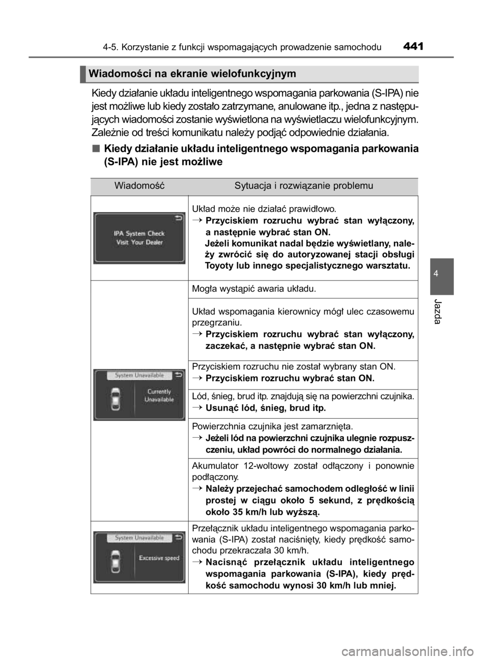 TOYOTA PRIUS 2016 Instrukcja obsługi (in Polish) Kiedy dzia∏anie uk∏adu inteligentnego wspomagania parkowania (S-IPA) nie
jest mo˝liwe lub kiedy zosta∏o zatrzymane, anulowane itp., jedna z nast´pu-
jàcych wiadomoÊci zostanie wyÊwietlona n TOYOTA PRIUS 2016 Instrukcja obsługi (in Polish) Kiedy dzia∏anie uk∏adu inteligentnego wspomagania parkowania (S-IPA) nie
jest mo˝liwe lub kiedy zosta∏o zatrzymane, anulowane itp., jedna z nast´pu-
jàcych wiadomoÊci zostanie wyÊwietlona n
