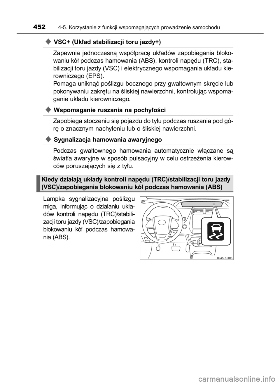 TOYOTA PRIUS 2016 Instrukcja obsługi (in Polish) VSC+ (Uk∏ad stabilizacji toru jazdy+)
Zapewnia jednoczesnà wspó∏prac´ uk∏adów zapobiegania bloko-
waniu kó∏ podczas hamowania (ABS), kontroli nap´du (TRC), sta-
bilizacji toru jazd TOYOTA PRIUS 2016 Instrukcja obsługi (in Polish) VSC+ (Uk∏ad stabilizacji toru jazdy+)
Zapewnia jednoczesnà wspó∏prac´ uk∏adów zapobiegania bloko-
waniu kó∏ podczas hamowania (ABS), kontroli nap´du (TRC), sta-
bilizacji toru jazd