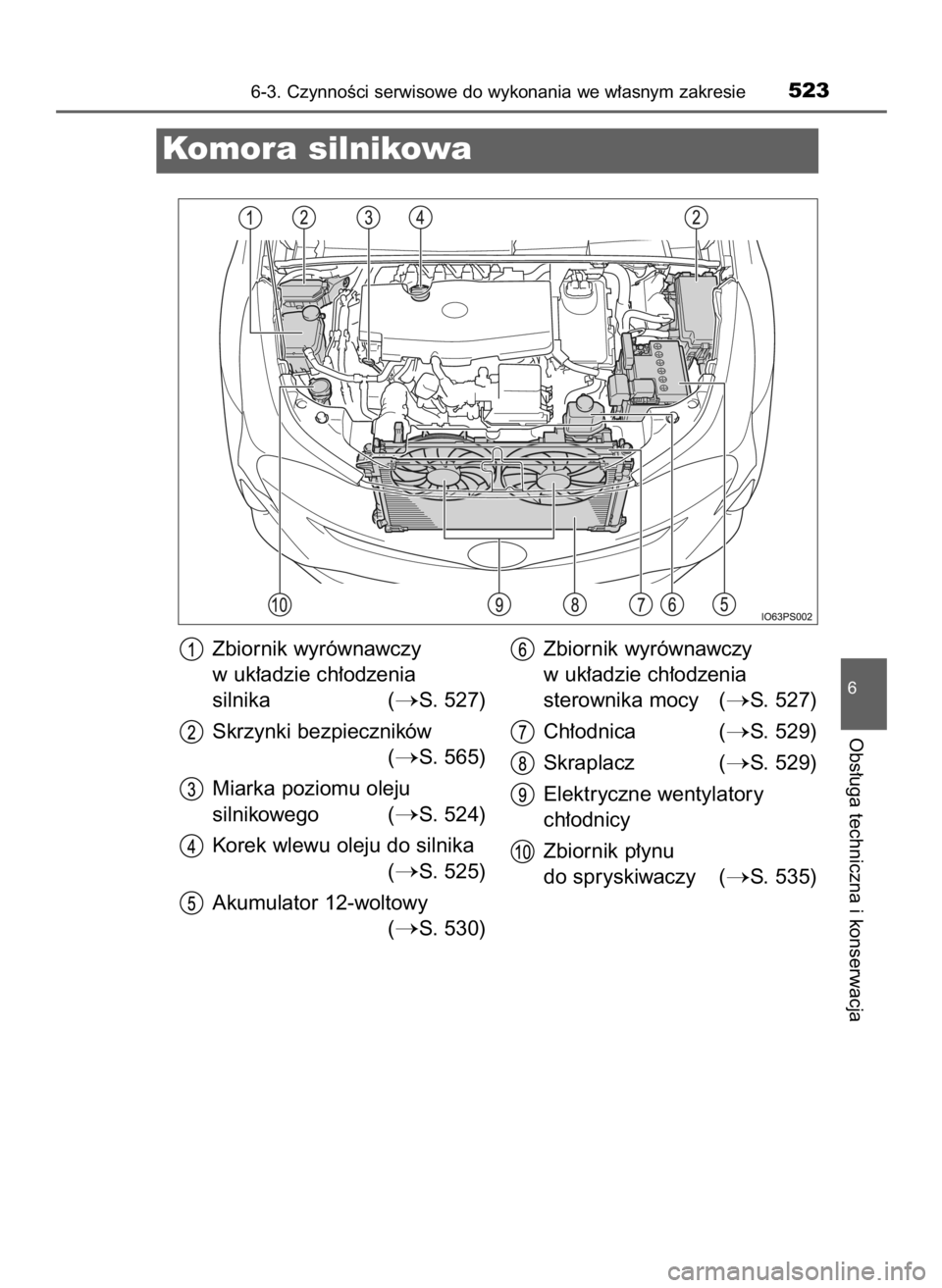 TOYOTA PRIUS 2016  Instrukcja obsługi (in Polish) 6-3. CzynnoÊci serwisowe do wykonania we w∏asnym zakresie523
6
Obs∏uga techniczna i konserwacja
Komora silnikowa
Zbiornik wyrównawczy
w uk∏adzie ch∏odzenia
silnika (
S. 527)
Skrzynki bezpie
