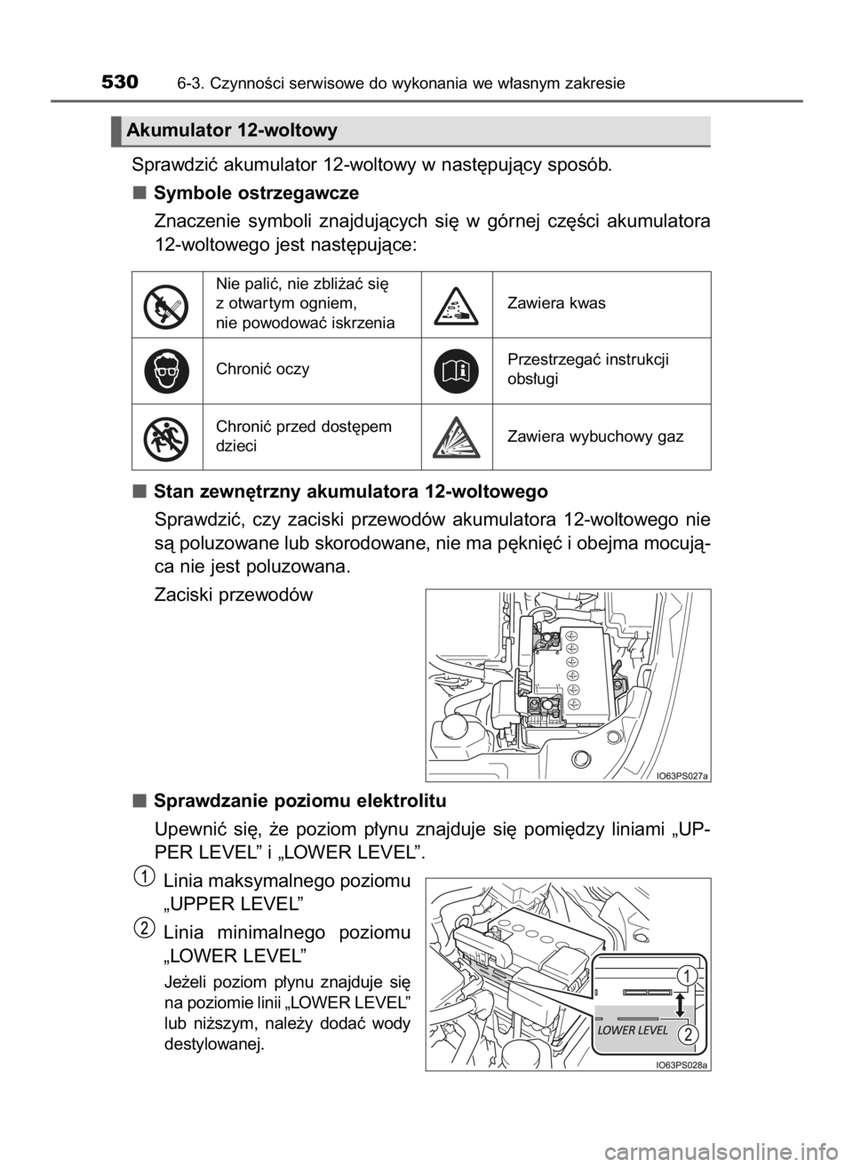 TOYOTA PRIUS 2016 Instrukcja obsługi (in Polish) Sprawdziç akumulator 12-woltowy w nast´pujàcy sposób.
Symbole ostrzegawcze
Znaczenie symboli znajdujàcych si´ w górnej cz´Êci akumulatora
12-woltowego jest nast´pujàce:
Stan zewn´trz TOYOTA PRIUS 2016 Instrukcja obsługi (in Polish) Sprawdziç akumulator 12-woltowy w nast´pujàcy sposób.
Symbole ostrzegawcze
Znaczenie symboli znajdujàcych si´ w górnej cz´Êci akumulatora
12-woltowego jest nast´pujàce:
Stan zewn´trz