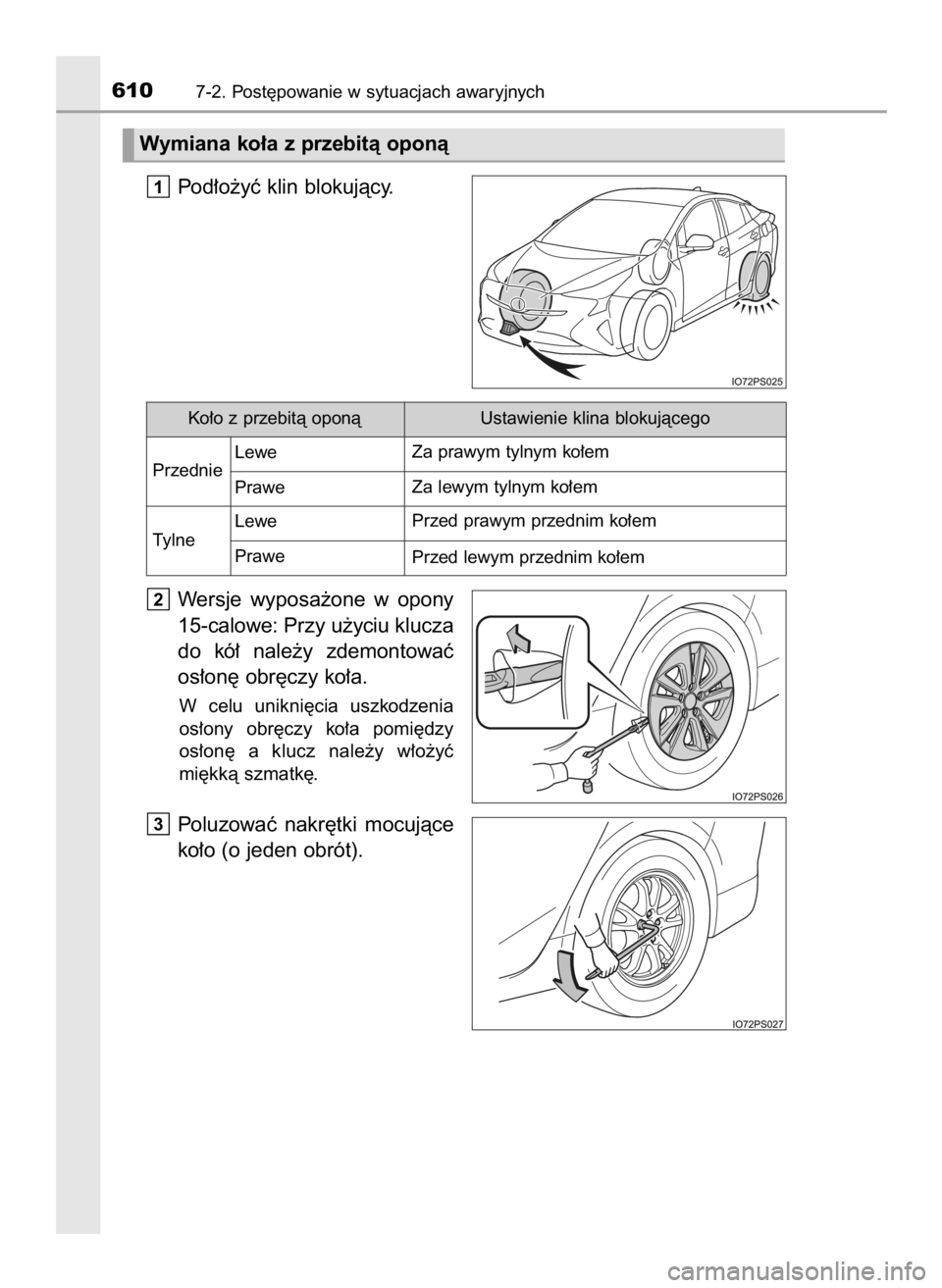 TOYOTA PRIUS 2016  Instrukcja obsługi (in Polish) Pod∏o˝yç klin blokujàcy.
Wersje  wyposa˝one  w opony
15-calowe: Przy u˝yciu klucza
do  kó∏  nale˝y  zdemontowaç
os∏on´ obr´czy ko∏a.
W celu  unikni´cia  uszkodzenia
os∏ony  obr´c
