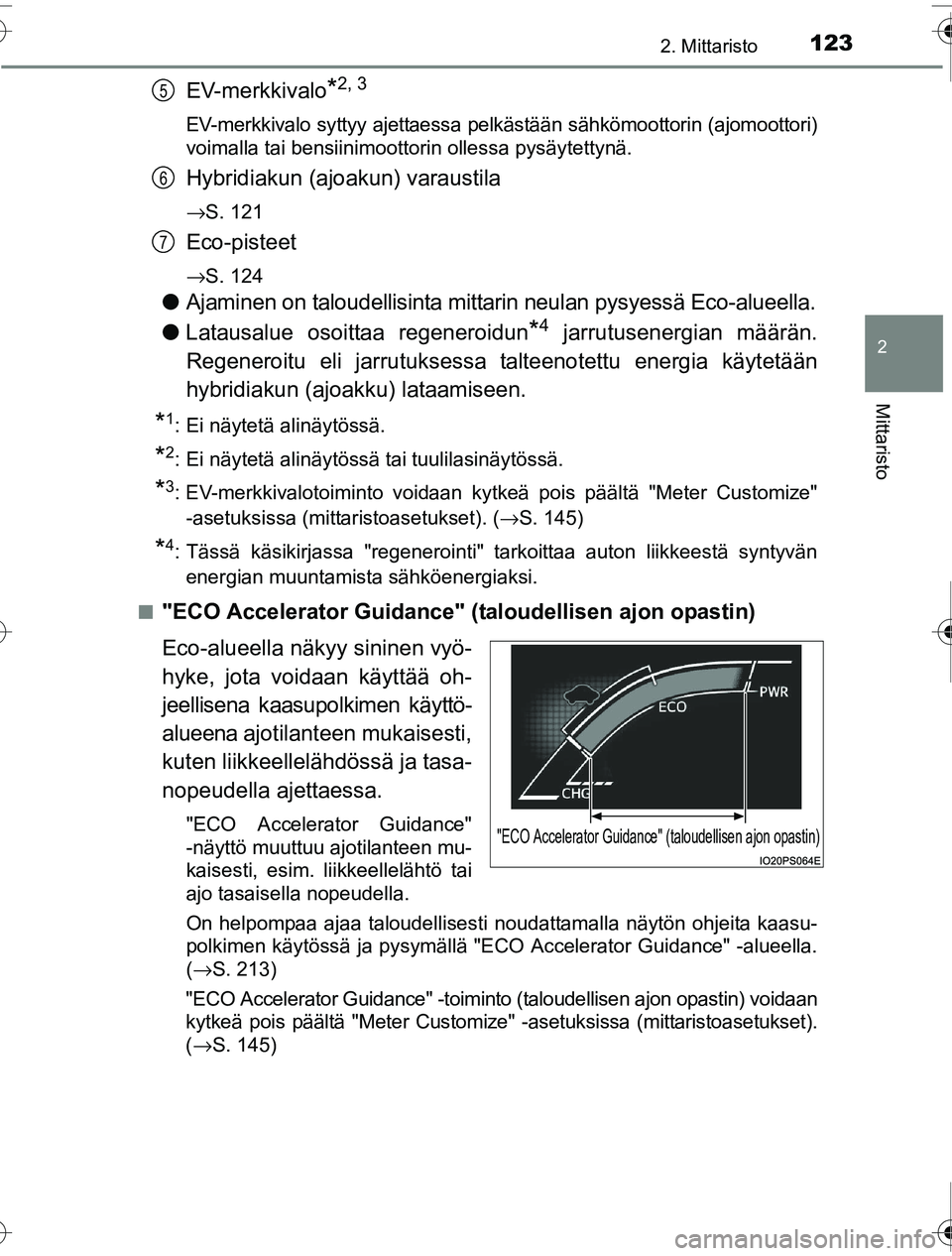 TOYOTA PRIUS 2016 Omistajan Käsikirja (in Finnish) 1232. Mittaristo
2
Mittaristo
OM47A31FI
EV-merkkivalo*2, 3
EV-merkkivalo syttyy ajettaessa pelkästään sähkömoottorin (ajomoottori)
voimalla tai bensiinimoottorin ollessa pysäytettynä.
Hybridiak TOYOTA PRIUS 2016 Omistajan Käsikirja (in Finnish) 1232. Mittaristo
2
Mittaristo
OM47A31FI
EV-merkkivalo*2, 3
EV-merkkivalo syttyy ajettaessa pelkästään sähkömoottorin (ajomoottori)
voimalla tai bensiinimoottorin ollessa pysäytettynä.
Hybridiak