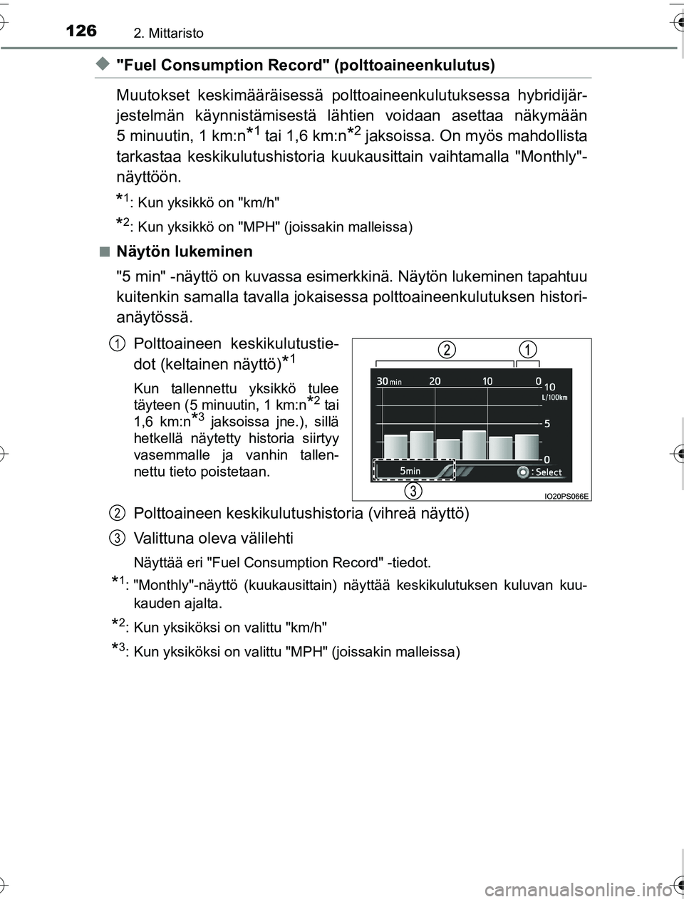 TOYOTA PRIUS 2016 Omistajan Käsikirja (in Finnish) 1262. Mittaristo
OM47A31FI
◆"Fuel Consumption Record" (polttoaineenkulutus)
Muutokset keskimääräisessä polttoa ineenkulutuksessa hybridijär-
jestelmän käynnistämisestä lä htien voidaan ase TOYOTA PRIUS 2016 Omistajan Käsikirja (in Finnish) 1262. Mittaristo
OM47A31FI
◆"Fuel Consumption Record" (polttoaineenkulutus)
Muutokset keskimääräisessä polttoa ineenkulutuksessa hybridijär-
jestelmän käynnistämisestä lä htien voidaan ase