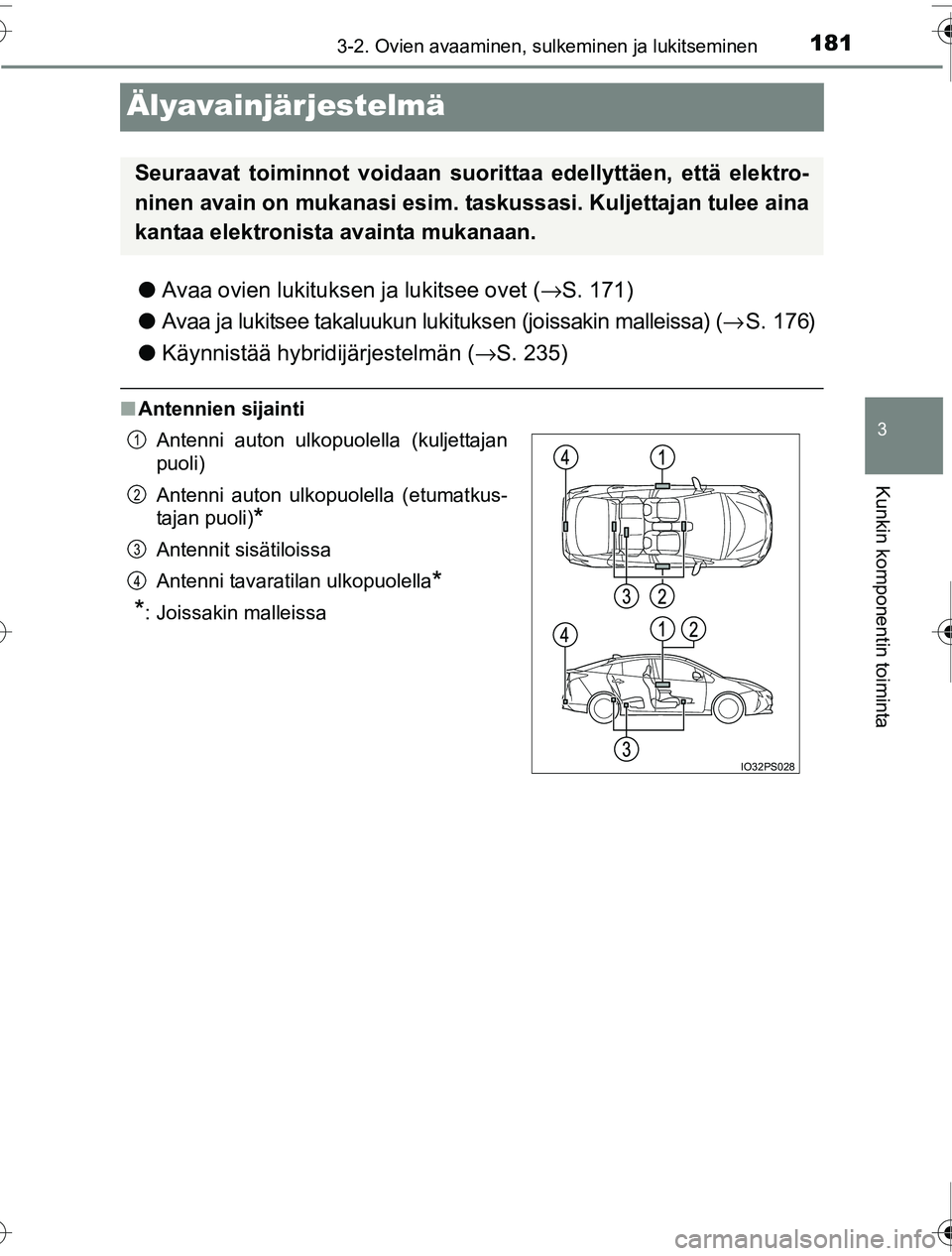 TOYOTA PRIUS 2016  Omistajan Käsikirja (in Finnish) 181
3
3-2. Ovien avaaminen, sulkeminen ja lukitseminen
Kunkin komponentin toiminta
OM47A31FI
Älyavainjärjestelmä
●Avaa ovien lukituksen ja lukitsee ovet ( →S. 171)
● Avaa ja lukitsee takaluuk