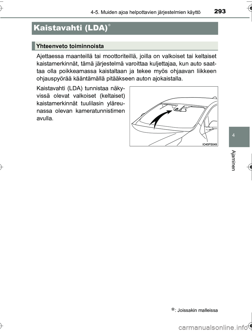 TOYOTA PRIUS 2016  Omistajan Käsikirja (in Finnish) 293
4
4-5. Muiden ajoa helpottavien järjestelmien käyttö
Ajaminen
OM47A31FI
Kaistavahti (LDA)∗
Ajettaessa maanteillä tai moottoriteillä, joilla on valkoiset tai keltaiset
kaistamerkinnät, täm
