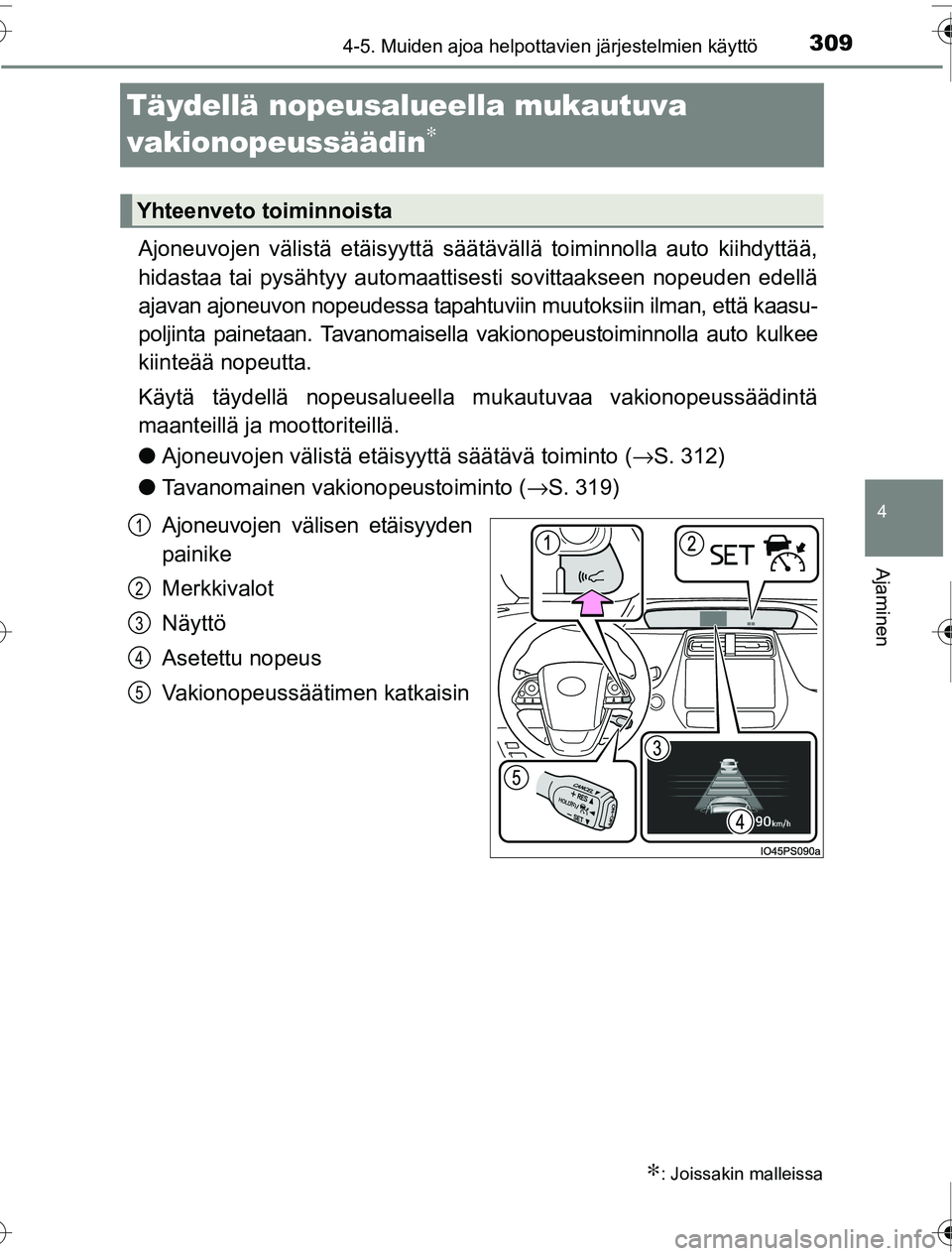 TOYOTA PRIUS 2016  Omistajan Käsikirja (in Finnish) 309
4
4-5. Muiden ajoa helpottavien järjestelmien käyttö
Ajaminen
OM47A31FI
Täydellä nopeusalueella mukautuva 
vakionopeussäädin∗
Ajoneuvojen välistä etäisyyttä säätävällä toiminnoll