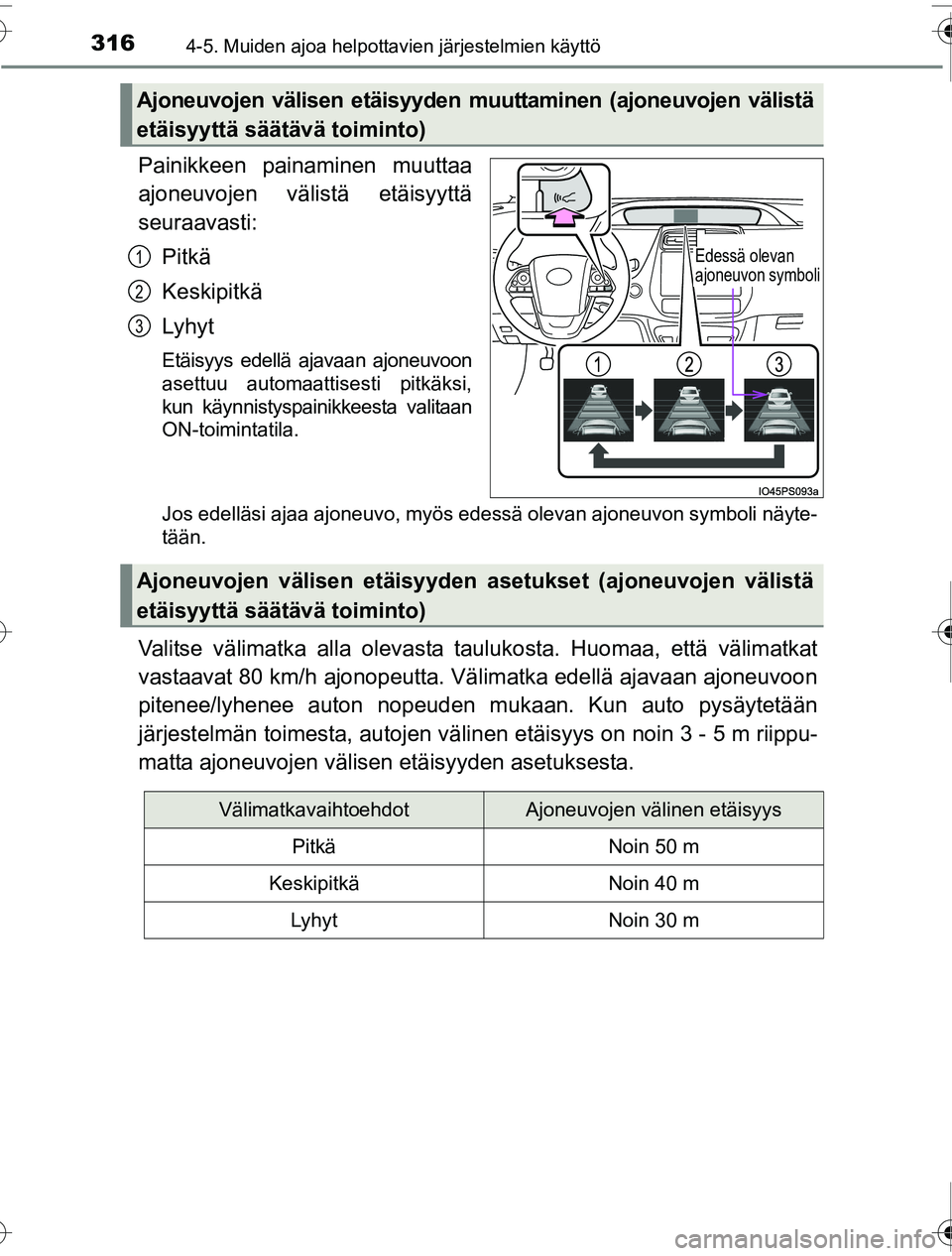 TOYOTA PRIUS 2016 Omistajan Käsikirja (in Finnish) 3164-5. Muiden ajoa helpottavien järjestelmien käyttö
OM47A31FI
Painikkeen painaminen muuttaa
ajoneuvojen välistä etäisyyttä
seuraavasti:Pitkä
Keskipitkä
Lyhyt
Etäisyys edellä ajavaan ajone TOYOTA PRIUS 2016 Omistajan Käsikirja (in Finnish) 3164-5. Muiden ajoa helpottavien järjestelmien käyttö
OM47A31FI
Painikkeen painaminen muuttaa
ajoneuvojen välistä etäisyyttä
seuraavasti:Pitkä
Keskipitkä
Lyhyt
Etäisyys edellä ajavaan ajone