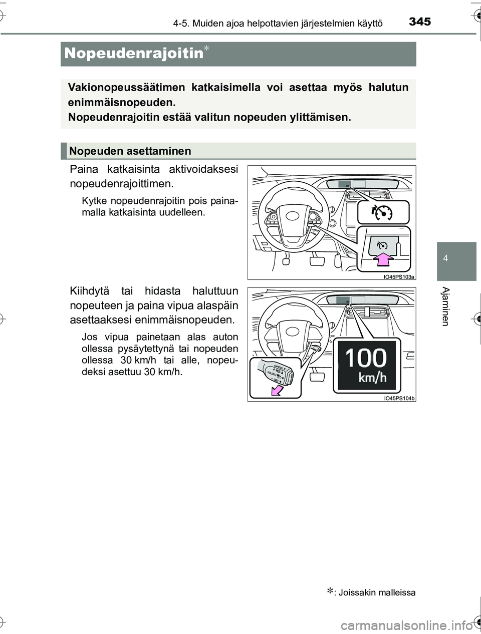 TOYOTA PRIUS 2016  Omistajan Käsikirja (in Finnish) 345
4
4-5. Muiden ajoa helpottavien järjestelmien käyttö
Ajaminen
OM47A31FI
Nopeudenrajoitin∗
Paina katkaisinta aktivoidaksesi
nopeudenrajoittimen.
Kytke nopeudenrajoitin pois paina-
malla katkai