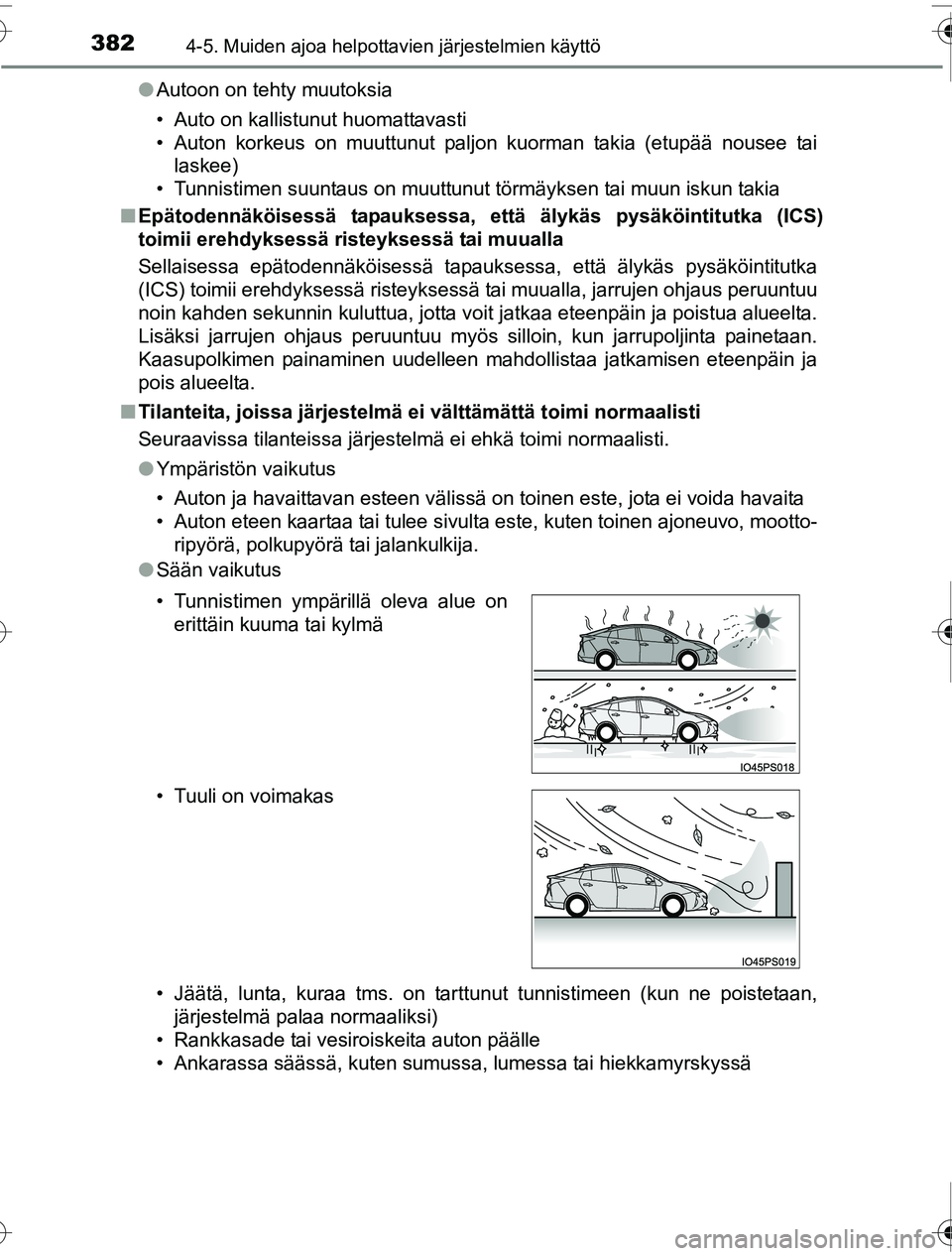 TOYOTA PRIUS 2016 Omistajan Käsikirja (in Finnish) 3824-5. Muiden ajoa helpottavien järjestelmien käyttö
OM47A31FI●
Autoon on tehty muutoksia
• Auto on kallistunut huomattavasti
• Auton korkeus on muuttunut paljon kuorman takia (etupää nous TOYOTA PRIUS 2016 Omistajan Käsikirja (in Finnish) 3824-5. Muiden ajoa helpottavien järjestelmien käyttö
OM47A31FI●
Autoon on tehty muutoksia
• Auto on kallistunut huomattavasti
• Auton korkeus on muuttunut paljon kuorman takia (etupää nous